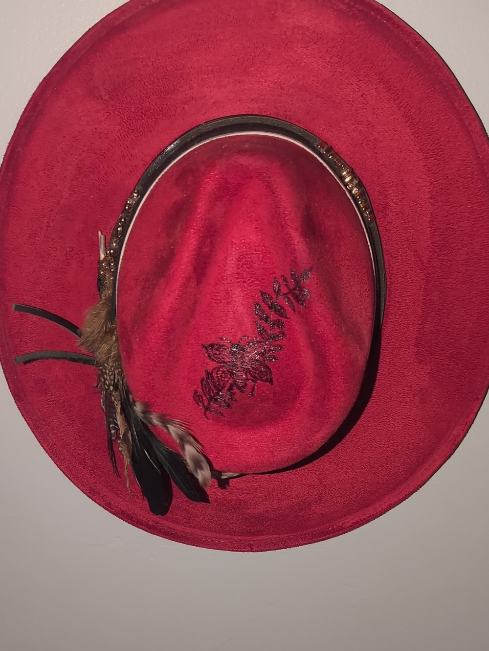 Red Women's Felt Fedora Hat with Feather Accent